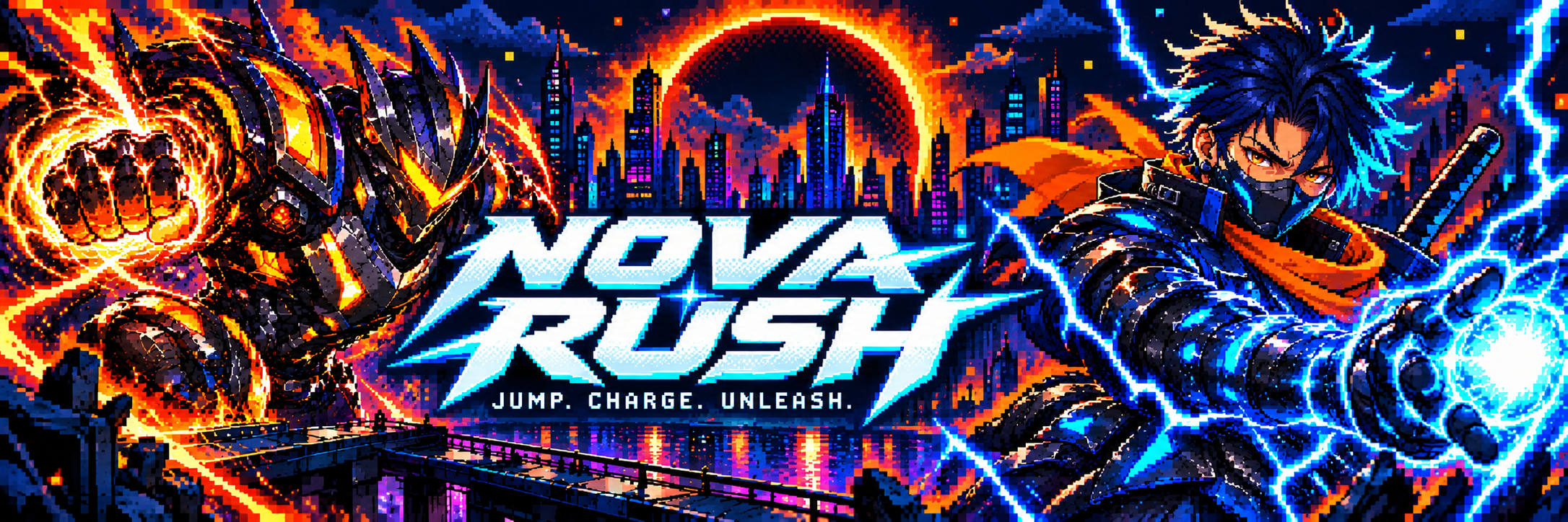 NOVA RUSH — pixel fighters battle over a neon city. Jump. Charge. Unleash.