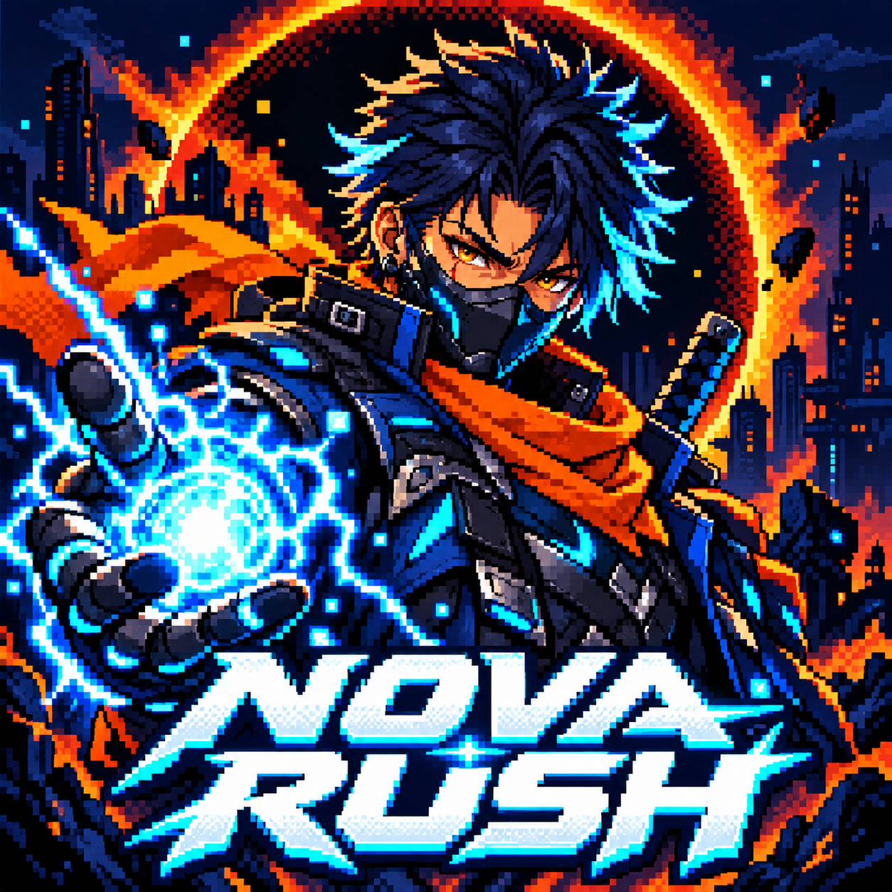 Masked pixel-art NOVA RUSH fighter